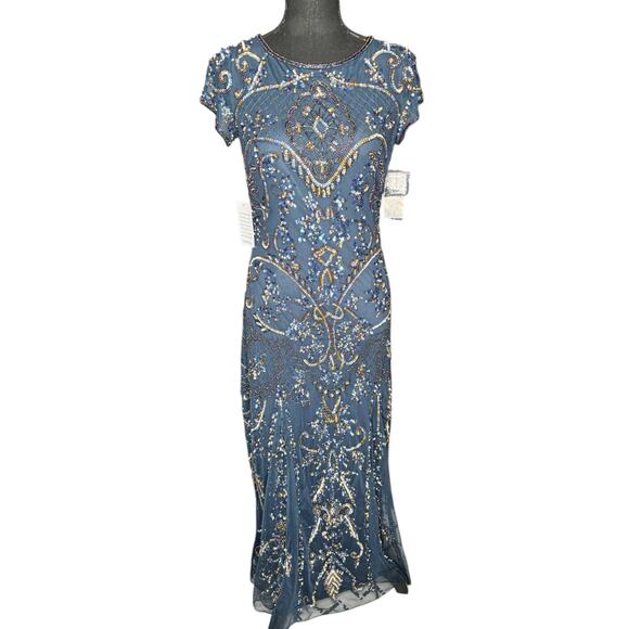 Pisarro Nights Embellished Beaded Maxi Dress Sz 2 Navy Formal Wedding Mesh Gown - Picture 1 of 8